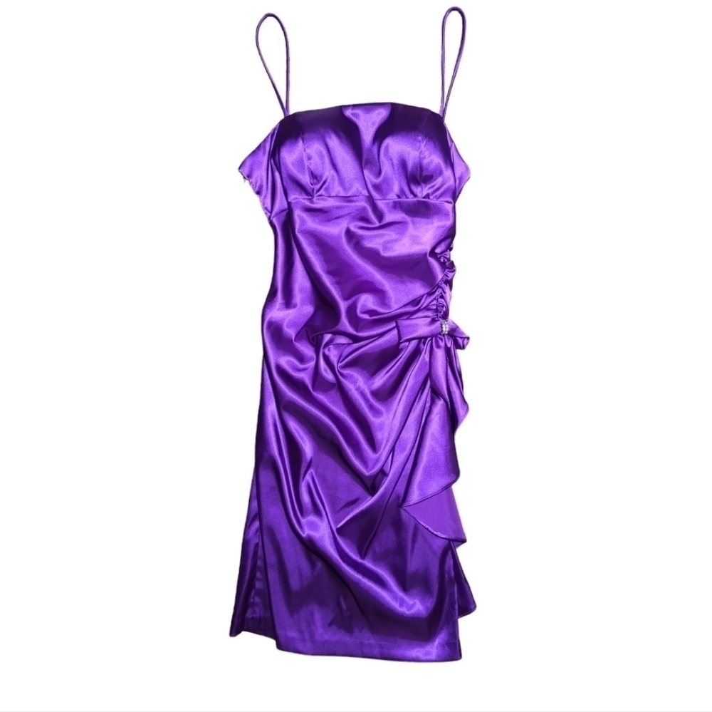 Vintage Blondie Nites Purple Ruched Bow Slip Dress Size 9 Jr / S - Picture 3 of 11